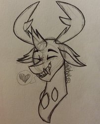 Size: 1675x2075 | Tagged: safe, artist:raritylover152, thorax, changedling, changeling, g4, adorable face, bust, cute, cute little fangs, eyes closed, fangs, happy, heart, king thorax, male, monochrome, rough sketch, simple background, sketch, smiling, solo, thorabetes, traditional art, white background, wip