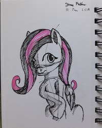 Size: 2448x3060 | Tagged: safe, artist:rockhoppr3, fluttershy, pony, g4, emoshy, female, high res, monochrome, partial color, solo, traditional art