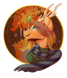 Size: 1300x1500 | Tagged: safe, artist:yuyusunshine, oc, oc only, pony, antlers, autumn, clothes, commission, female, looking up, scarf, scenery, smiling, ych result