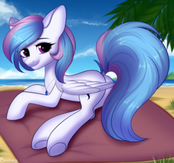 Size: 4000x3748 | Tagged: safe, artist:bestiary, oc, oc only, oc:starburn, pegasus, pony, beach, bedroom eyes, butt, female, jewelry, necklace, plot, solo, water, ych result