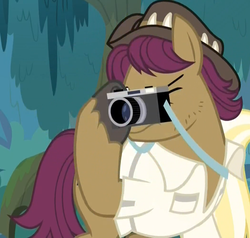 Size: 1049x1000 | Tagged: safe, screencap, snap shutter, earth pony, pony, g4, the last crusade, camera, cropped, hat, hoof hold, male, solo focus, stallion