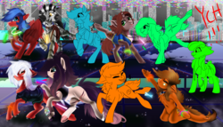 Size: 5469x3125 | Tagged: safe, artist:brainiac, oc, oc only, pony, bottomless, clothes, commission, glowstick, group, group photo, partial nudity, rave, ych example, ych result