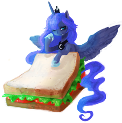 Size: 946x954 | Tagged: safe, artist:zombeegost, princess luna, alicorn, pony, g4, crown, cute, cute little fangs, fangs, female, food, hoof shoes, jewelry, lunabetes, mare, one eye closed, ponies in food, regalia, sandwich, simple background, solo, white background