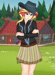 Size: 801x1095 | Tagged: safe, artist:anonix123, sunset shimmer, human, equestria girls, g4, beautiful, belt, clothes, cowboy hat, cowgirl, crossed arms, cute, female, hat, humanized, shimmerbetes, skirt, smiling, solo, stetson
