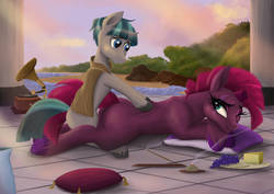 Size: 1062x752 | Tagged: safe, artist:greenbrothersart, stygian, tempest shadow, pony, unicorn, g4, butt, cheese, crack shipping, female, food, gramophone, grapes, male, mare, massage, misleading thumbnail, not explicit, pillow, plot, prone, shipping, stallion, straight, tempgian