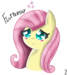 Size: 1428x1588 | Tagged: safe, artist:brunafiorito, fluttershy, pegasus, pony, g4, blushing, bust, colored pupils, cute, cutie mark, female, portrait, shyabetes, signature, simple background, solo, text, white background