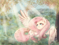 Size: 3000x2300 | Tagged: safe, artist:ponymoonmist, fluttershy, pegasus, pony, g4, blushing, crepuscular rays, cute, ear fluff, female, forest, high res, lidded eyes, looking away, looking up, mare, one wing out, outdoors, prone, shyabetes, solo, spread wings, tree, wings