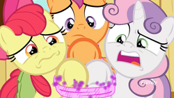 Size: 1920x1080 | Tagged: safe, screencap, apple bloom, scootaloo, sweetie belle, earth pony, pegasus, pony, unicorn, g4, the last crusade, bound, cutie mark crusaders, discovery family logo, female, filly, frown, legs tied, magic, open mouth, stuck, worried