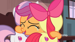 Size: 1920x1080 | Tagged: safe, screencap, apple bloom, scootaloo, sweetie belle, earth pony, pegasus, pony, unicorn, g4, the last crusade, crying, cutie mark crusaders, discovery family logo, female, filly, happy, hug, tears of joy
