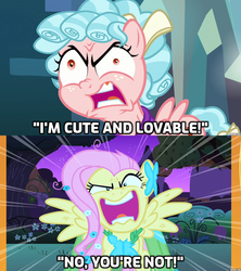 Size: 1280x1440 | Tagged: safe, edit, edited screencap, screencap, cozy glow, fluttershy, pegasus, pony, frenemies (episode), g4, school raze, the best night ever, caption, cozy glow is best facemaker, cozybuse, crazy glow, faic, female, filly, flutterrage, insanity, you're going to love me
