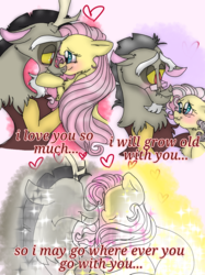 Size: 899x1200 | Tagged: safe, artist:cocolove2176, discord, fluttershy, draconequus, pegasus, pony, g4, female, male, ship:discoshy, shipping, straight, text