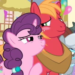 Size: 1080x1080 | Tagged: safe, screencap, big macintosh, silver spoon, sugar belle, yona, earth pony, pony, unicorn, g4, the last crusade, blushing, cropped, eye contact, female, hoof on shoulder, looking at each other, male, mare, ship:sugarmac, shipping, stallion, straight