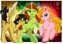 Size: 1920x1358 | Tagged: safe, artist:julunis14, earth pony, pegasus, pony, unicorn, alex (totally spies), clover (totally spies), freckles, one eye closed, piercing, ponified, sam (totally spies), tongue out, totally spies, wink