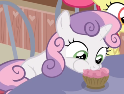 Size: 924x703 | Tagged: safe, screencap, apple bloom, sweetie belle, earth pony, pony, g4, the last crusade, cupcake, cute, diasweetes, food, solo focus