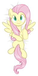 Size: 819x1618 | Tagged: safe, artist:livehotsun, fluttershy, pegasus, pony, g4, body pillow, body pillow design, cute, female, looking at you, mare, on back, shyabetes, smiling, solo, spread wings, wings