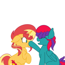 Size: 2000x2000 | Tagged: safe, artist:solardoodles, sunset shimmer, oc, oc:fluffy bee, pegasus, pony, unicorn, g4, boop, high res, scrunchy face, simple background, transparent background