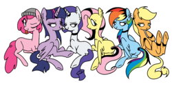 Size: 1500x751 | Tagged: safe, artist:bonpikabon, artist:icicle-niceicle-1517, color edit, edit, applejack, fluttershy, pinkie pie, rainbow dash, rarity, twilight sparkle, alicorn, earth pony, pegasus, pony, unicorn, g4, alternate hairstyle, anklet, beanie, bedroom eyes, butt, choker, collaboration, colored, dyed mane, ear piercing, earring, eye clipping through hair, eyebrow piercing, female, goth, hair dye, hat, horn, horn ring, jewelry, mane six, mare, missing cutie mark, piercing, plot, simple background, tongue out, tongue piercing, transparent background, twilight sparkle (alicorn), wristband