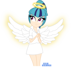Size: 1102x1039 | Tagged: safe, artist:anime-equestria, sonata dusk, angel, human, equestria girls, g4, beautiful, clothes, eyeshadow, female, glowing, halo, human coloration, humanized, makeup, miniskirt, ponytail, simple background, skirt, smiling, solo, transparent background, vector, wings