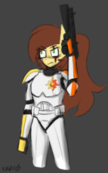 Size: 900x1441 | Tagged: safe, artist:exvius, oc, oc only, oc:mighty cola, anthro, armor, blaster, clone trooper, colored sketch, energy weapon, scar, solo, sunset shimmer cutie mark, weapon