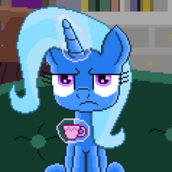 Size: 3808x3808 | Tagged: safe, artist:superhypersonic2000, trixie, pony, g4, student counsel, angry tea drinking, animated, couch, drinking, female, frown, glowing horn, high res, horn, magic, pixel art, scene interpretation, solo, telekinesis, trixie is not amused, unamused