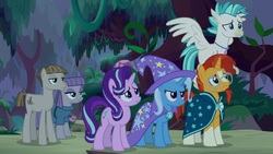 Size: 1920x1080 | Tagged: safe, screencap, maud pie, mudbriar, starlight glimmer, sunburst, terramar, trixie, classical hippogriff, hippogriff, pony, g4, student counsel, cape, clothes, everfree forest, female, hat, male, mare, runnng, stallion, trixie's cape, trixie's hat
