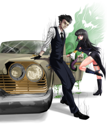 Size: 1145x1350 | Tagged: safe, artist:opcrom, octavia melody, oc, oc:erebus darkly, oc:overture, ghost, human, g4, 1957 plymouth, full body, humanized, pale car, tentacles