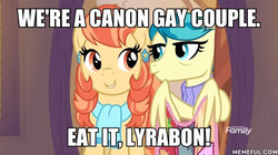 Size: 600x337 | Tagged: safe, edit, edited screencap, screencap, aunt holiday, auntie lofty, earth pony, pegasus, pony, g4, the last crusade, caption, clothes, drama, ear piercing, earring, female, hilarious in hindsight, image macro, jewelry, lesbian, mare, memeful.com, piercing, scarf, scootaloo's aunts drama, shipping, sweater, text