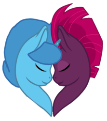 Size: 754x851 | Tagged: safe, artist:徐詩珮, fizzlepop berrytwist, spring rain, tempest shadow, pony, unicorn, g4, base used, broken horn, female, heart, horn, lesbian, mare, nuzzling, ship:springshadow, shipping, simple background, transparent background