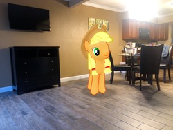 Size: 4032x3024 | Tagged: safe, gameloft, photographer:undeadponysoldier, applejack, earth pony, pony, g4, applejack's hat, augmented reality, cabinet, chair, cowboy hat, dining table, drawer, female, florida, hat, hotel, hotel room, irl, mare, orlando, painting, photo, ponies in real life, solo, table, television, vacation