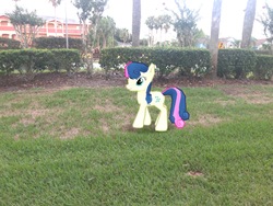 Size: 4032x3024 | Tagged: safe, gameloft, photographer:undeadponysoldier, bon bon, sweetie drops, earth pony, pony, g4, augmented reality, building, bush, condo, female, florida, grass, hotel, irl, mare, orlando, outdoors, palm tree, photo, ponies in real life, sign, solo, tree, vacation
