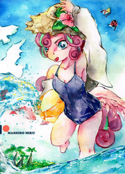 Size: 2409x3353 | Tagged: safe, artist:mashiromiku, princess flurry heart, alicorn, anthro, g4, armpits, clothes, female, high res, older, older flurry heart, patreon, patreon logo, solo, summer, swimsuit, traditional art, watercolor painting