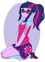 Size: 708x976 | Tagged: safe, artist:imtailsthefoxfan, sci-twi, twilight sparkle, equestria girls, g4, abstract background, base used, blushing, clothes, colored pupils, cute, female, glasses, looking at you, mary janes, ponytail, sci-twi outfits, shoes, sitting, skirt, socks, solo, twiabetes, zettai ryouiki