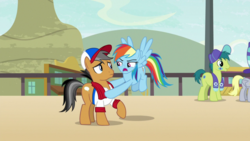 Size: 1920x1080 | Tagged: safe, screencap, quibble pants, rainbow dash, earth pony, pegasus, pony, common ground, g4