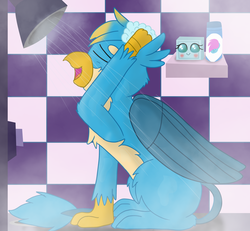 Size: 2755x2550 | Tagged: safe, artist:skyflys, gallus, ocellus, changedling, changeling, griffon, g4, background ocellus, blushing, creeper, disguise, disguised changeling, female, high res, inanimate tf, male, objectification, peeping jane, peeping tom, ship:luslus, shipping, shower, sneak 100, soap, straight, teenager, transformation, when you see it