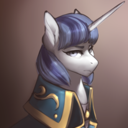 Size: 300x300 | Tagged: source needed, useless source url, safe, artist:eerinless, pony, unicorn, bust, cloak, clothes, female, frown, gradient background, lidded eyes, looking at you, mare, portrait, sidemouth, simple background, solo