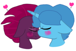 Size: 1391x934 | Tagged: safe, artist:徐詩珮, fizzlepop berrytwist, spring rain, tempest shadow, pony, unicorn, g4, base used, broken horn, eyes closed, female, heart, horn, kissing, lesbian, mare, ship:springshadow, shipping, simple background, transparent background