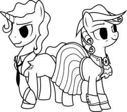 Size: 2040x1794 | Tagged: safe, artist:brisineo, oc, oc only, oc:gamble, oc:rubi royale, earth pony, pony, unicorn, fallout equestria, fallout equestria: red 36, clothes, cowboy hat, dodge city, dress, duo, fanfic art, hat, simple background, transparent background, vector