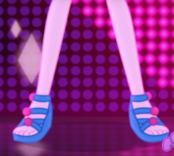 Size: 636x572 | Tagged: safe, screencap, pinkie pie, equestria girls, equestria girls series, g4, i'm on a yacht, spoiler:eqg series (season 2), cropped, feet, female, legs, neon eg logo, open-toed shoes, pictures of legs, sandals, solo