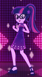 Size: 376x678 | Tagged: safe, screencap, sci-twi, twilight sparkle, equestria girls, equestria girls series, g4, i'm on a yacht, spoiler:eqg series (season 2), clothes, cropped, cute, dancing, dress, feet, female, geode of telekinesis, glasses, looking at you, magical geodes, neon eg logo, open-toed shoes, sandals, sleeveless, solo, toes, twiabetes
