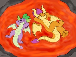 Size: 1280x960 | Tagged: safe, artist:thedoggygal, smolder, spike, dragon, g4, butt, dragoness, duo, eyes closed, female, lava, lava bathing, lava pool, lounging, male, relaxing, smiling, spread wings, winged spike, wings