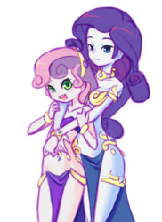 Size: 1152x1584 | Tagged: safe, artist:drantyno, rarity, sweetie belle, human, equestria girls, g4, armlet, belle sisters, belly dancer, belly dancer outfit, bracelet, breasts, child, clothes, duo, female, jewelry, leg bracelet, loincloth, necklace, siblings, simple background, sisters, smiling, stupid sexy rarity, young