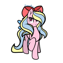 Size: 1000x1000 | Tagged: safe, artist:nummypixels, oc, oc only, earth pony, pony, bow, female, hair bow, mare, raised hoof, signature, simple background, solo, tail bow, transparent background