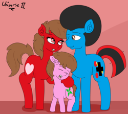 Size: 3000x2680 | Tagged: safe, artist:mackstack, oc, oc only, oc:shooter armstrong, oc:splasher, oc:tempo cider, earth pony, pony, afro, family photo, high res, one eye closed, universe 2, wink