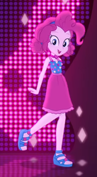 Size: 320x584 | Tagged: safe, screencap, pinkie pie, equestria girls, g4, i'm on a yacht, my little pony equestria girls: better together, alternate hairstyle, cropped, feet, female, neon eg logo, sandals, sleeveless, solo