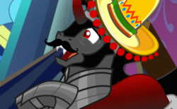 Size: 1300x800 | Tagged: safe, edit, edited screencap, screencap, king sombra, pony, g4, the beginning of the end, facial hair, hat, king sombrero, male, moustache, solo, sombrero