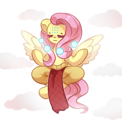 Size: 1500x1500 | Tagged: safe, artist:avonir, fluttershy, pegasus, pony, g4, clothes, eyes closed, female, mare, overwatch, sitting, solo, sphere, spread wings, wings, zenyatta