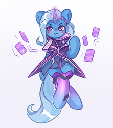 Size: 1500x1700 | Tagged: safe, artist:avonir, trixie, pony, unicorn, g4, :3, blushing, clothes, female, glowing horn, horn, magic, overwatch, solo, sombra (overwatch), telekinesis