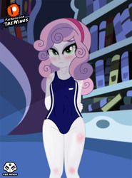 Size: 1920x2600 | Tagged: safe, artist:theminus, sweetie belle, human, equestria girls, g4, blushing, clothes, female, knee blush, looking at you, one-piece swimsuit, patreon, patreon logo, solo, swimsuit