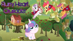 Size: 2048x1152 | Tagged: safe, artist:luckreza8, editor:lonely fanboy48, apple bloom, princess flurry heart, scootaloo, sweetie belle, earth pony, pony, g4, clubhouse, crusaders clubhouse, cutie mark crusaders, fanfic, fanfic art, fanfic cover, treehouse