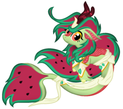 Size: 986x874 | Tagged: safe, artist:angelofthewisp, oc, oc only, kirin, seapony (g4), base used, fish tail, flowing mane, food, gem, looking at you, orange eyes, seaponified, simple background, smiling, solo, species swap, transparent background, watermelon